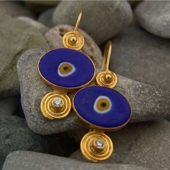 New ANTHRO Blue and Gold Abstract Evil Eye ProctectionDangle Earrings - Picture 5 of 7